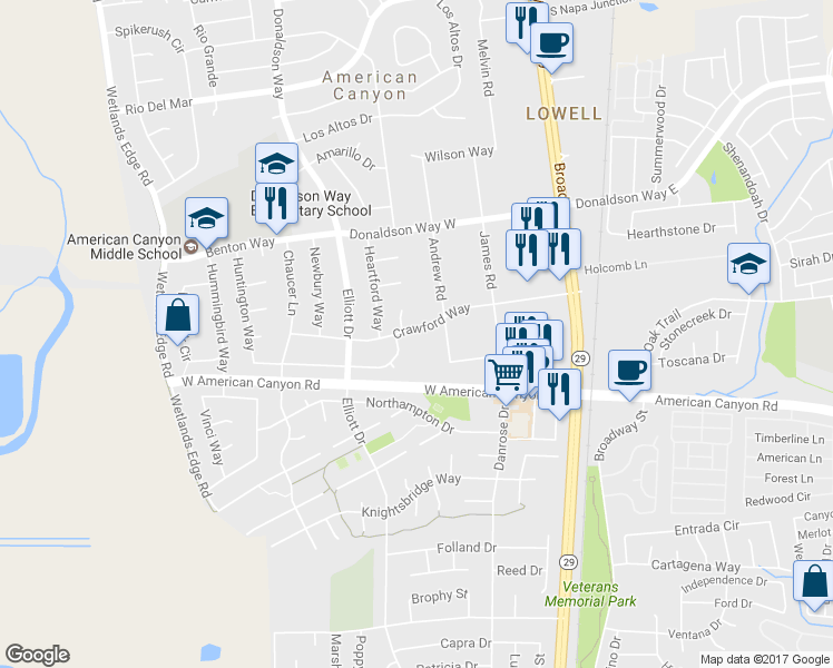 map of restaurants, bars, coffee shops, grocery stores, and more near 97 Crawford Way in American Canyon