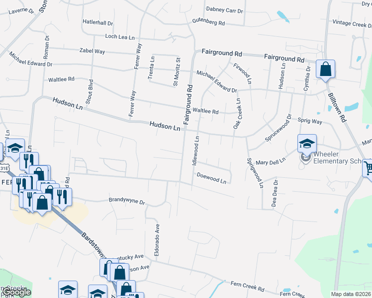 map of restaurants, bars, coffee shops, grocery stores, and more near 9322 Fairground Road in Louisville