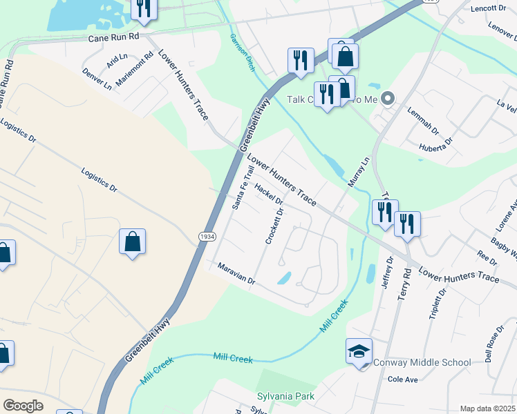 map of restaurants, bars, coffee shops, grocery stores, and more near 6505 Glo Jean Way in Louisville