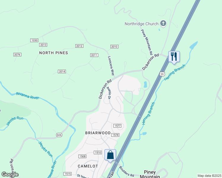 map of restaurants, bars, coffee shops, grocery stores, and more near 2330 Austin Drive in Charlottesville