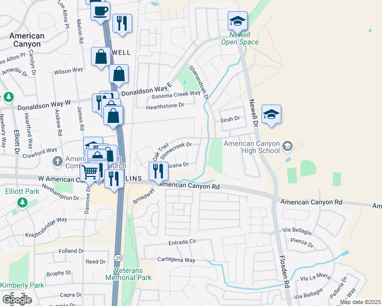 map of restaurants, bars, coffee shops, grocery stores, and more near 18 Karly Court in American Canyon