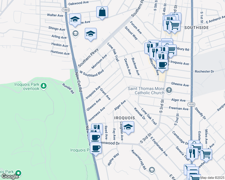map of restaurants, bars, coffee shops, grocery stores, and more near 628 Gheens Avenue in Louisville