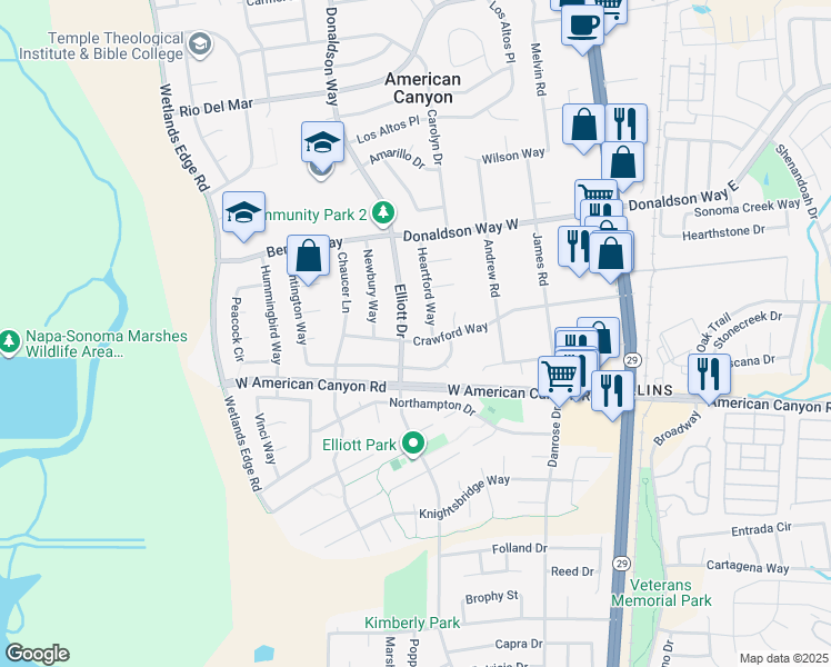 map of restaurants, bars, coffee shops, grocery stores, and more near 76 Crawford Way in American Canyon