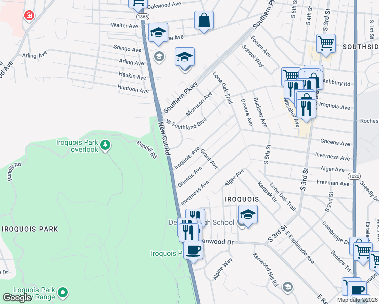 map of restaurants, bars, coffee shops, grocery stores, and more near 815 Iroquois Avenue in Louisville