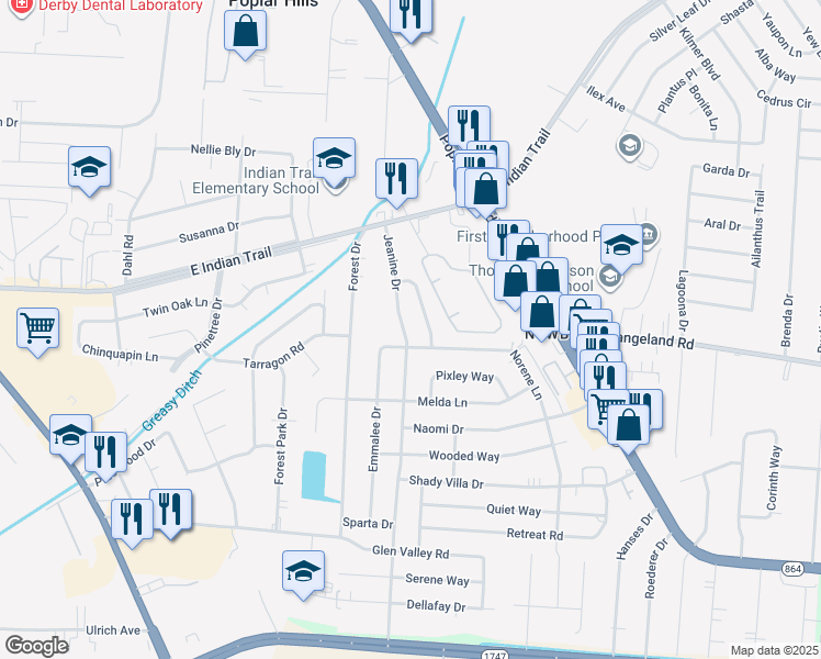 map of restaurants, bars, coffee shops, grocery stores, and more near 5613 Jeanine Drive in Louisville