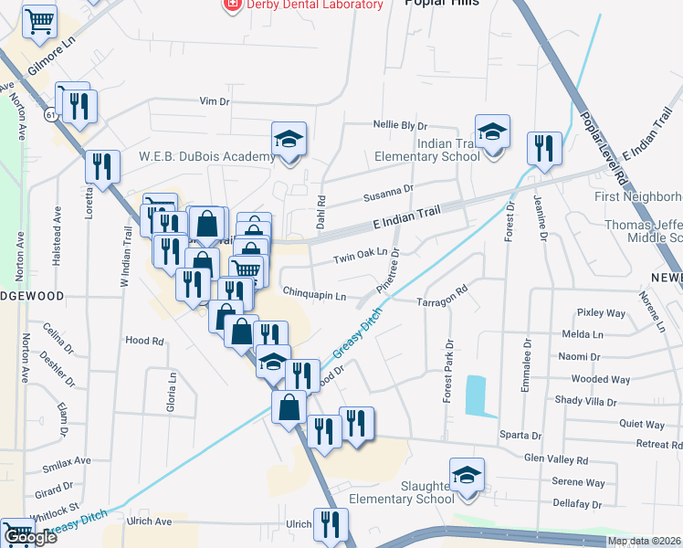 map of restaurants, bars, coffee shops, grocery stores, and more near 3405 Tarragon Road in Louisville