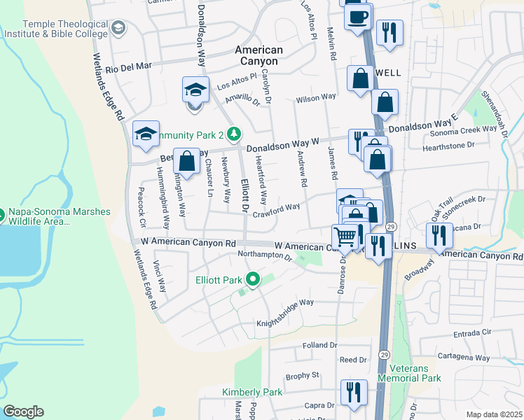 map of restaurants, bars, coffee shops, grocery stores, and more near 76 Crawford Way in American Canyon