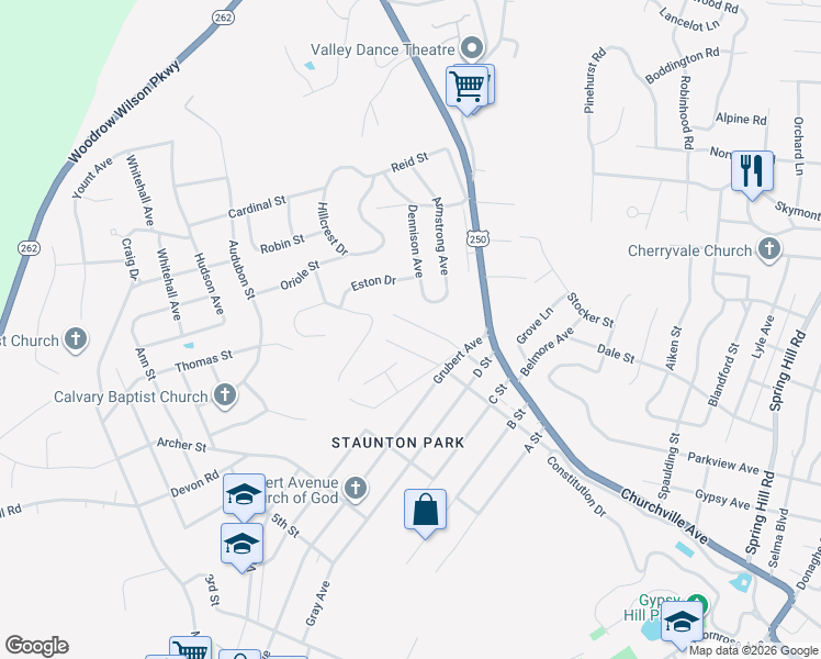 map of restaurants, bars, coffee shops, grocery stores, and more near 2522 North Sharlaine Drive in Staunton