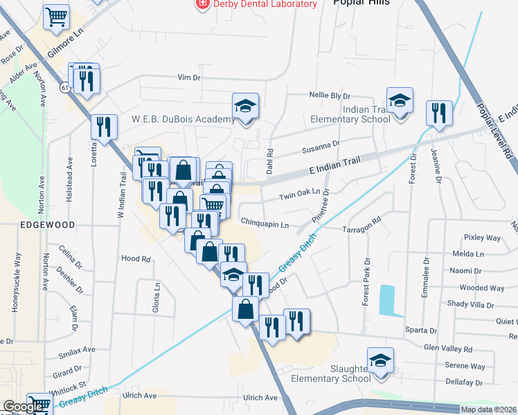 map of restaurants, bars, coffee shops, grocery stores, and more near 5602 Butternut Road in Louisville