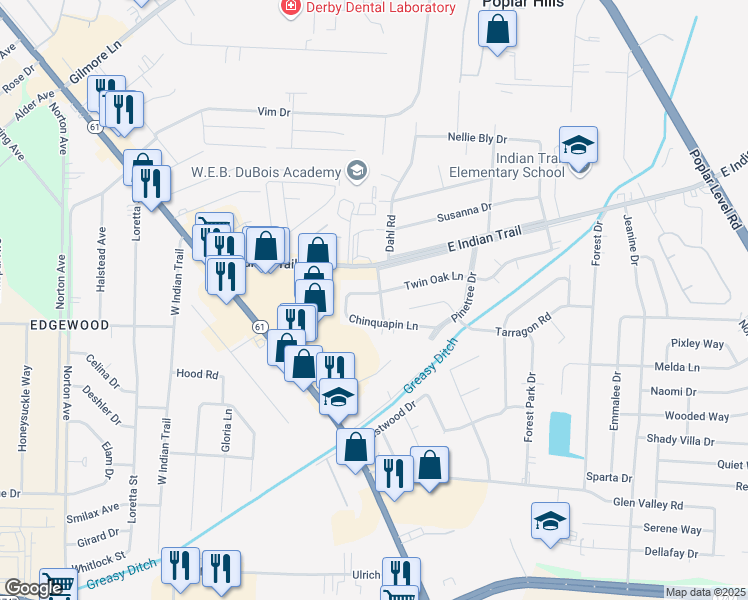 map of restaurants, bars, coffee shops, grocery stores, and more near 5602 Butternut Road in Louisville