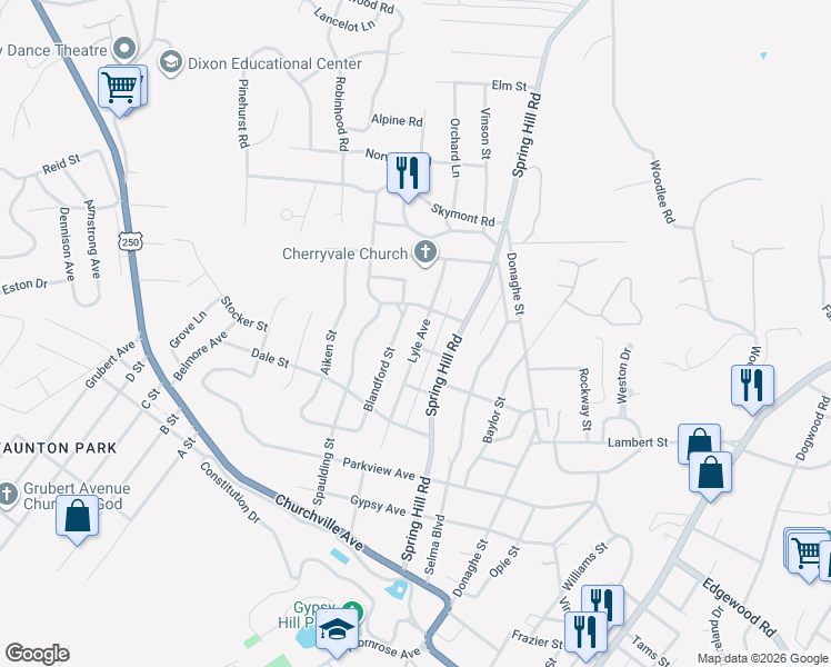 map of restaurants, bars, coffee shops, grocery stores, and more near 1406 Lyle Ave in Staunton