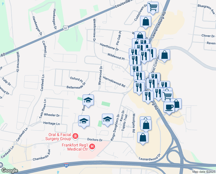map of restaurants, bars, coffee shops, grocery stores, and more near 418 Harrodswood Road in Frankfort