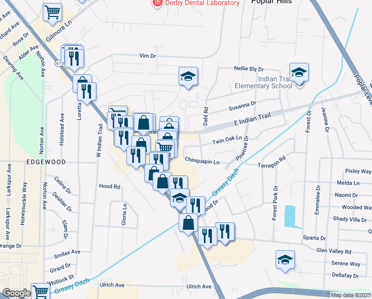 map of restaurants, bars, coffee shops, grocery stores, and more near 3100 Chinquapin Lane in Louisville
