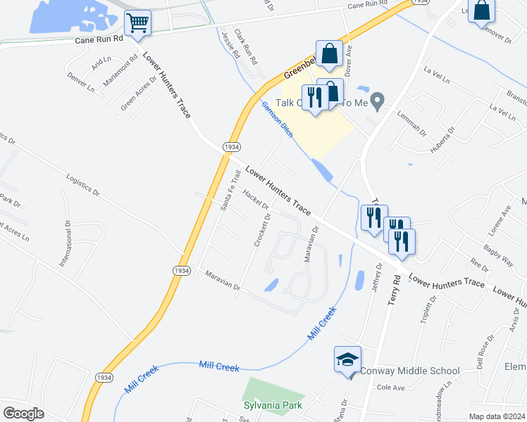 map of restaurants, bars, coffee shops, grocery stores, and more near 6500 Hackel Drive in Louisville