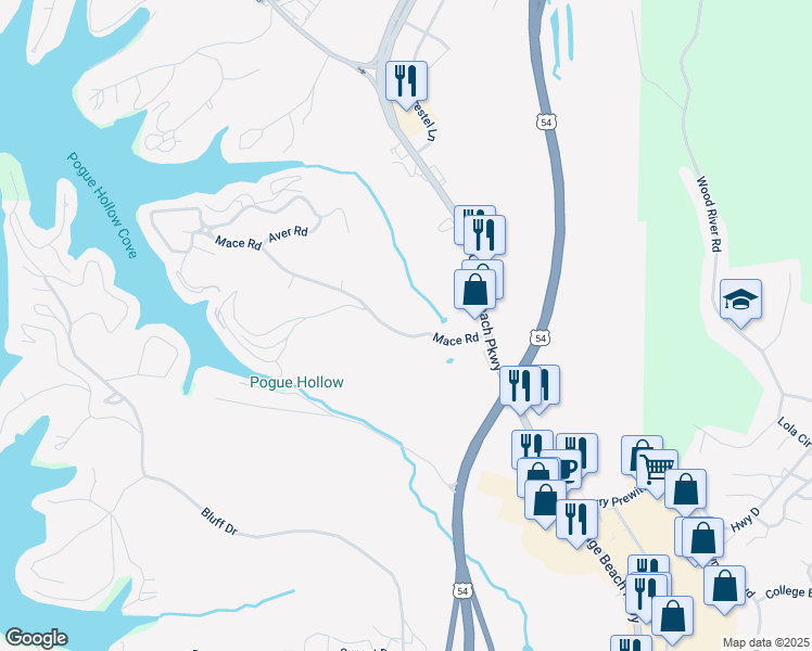 map of restaurants, bars, coffee shops, grocery stores, and more near 1074 Mace Road in Osage Beach