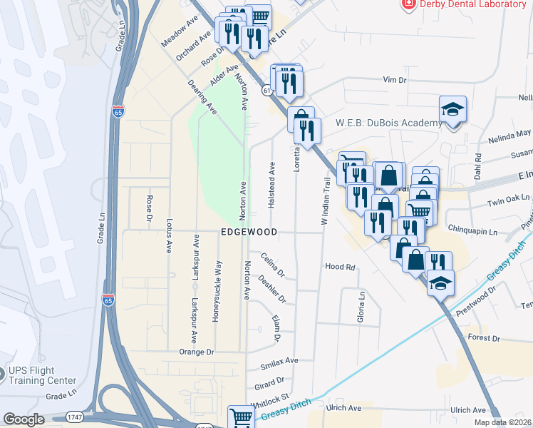 map of restaurants, bars, coffee shops, grocery stores, and more near 5614 Halstead Avenue in Louisville