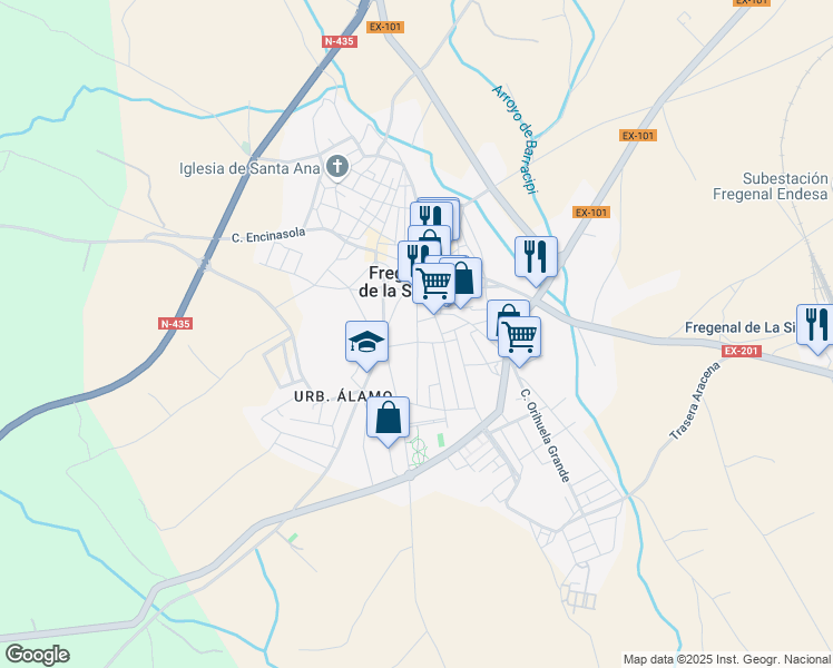 map of restaurants, bars, coffee shops, grocery stores, and more near 38 Calle Arias Montano in Fregenal de la Sierra