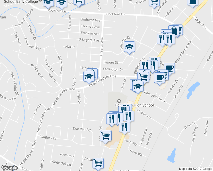 map of restaurants, bars, coffee shops, grocery stores, and more near 5107 Graston Court in Louisville