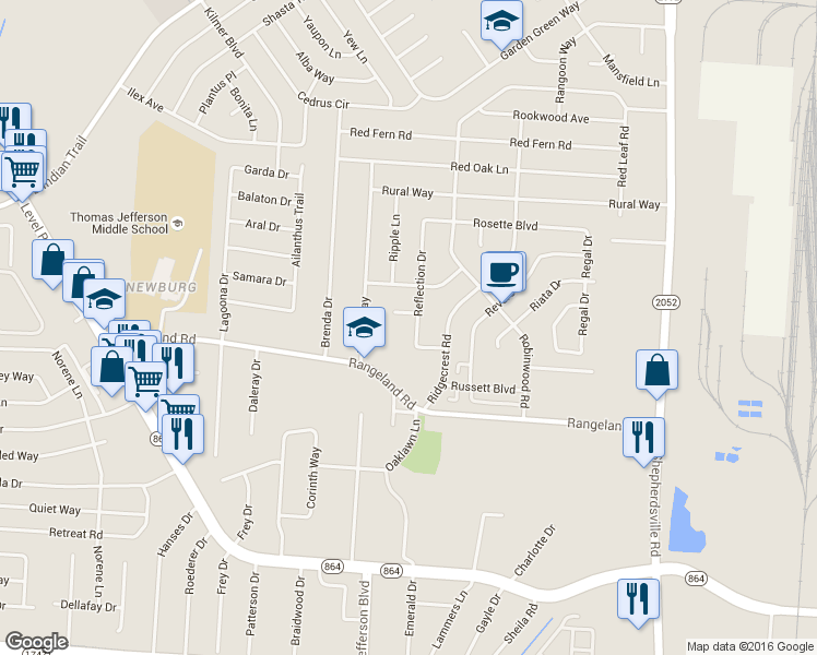 map of restaurants, bars, coffee shops, grocery stores, and more near 5610 Reflection Drive in Louisville