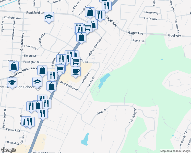 map of restaurants, bars, coffee shops, grocery stores, and more near 5007 Invicta Drive in Louisville