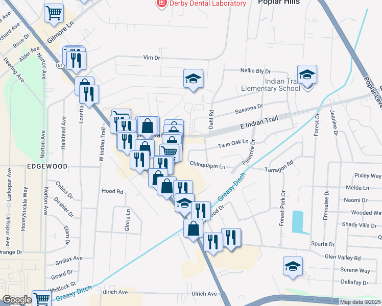 map of restaurants, bars, coffee shops, grocery stores, and more near 3100 Chinquapin Lane in Louisville
