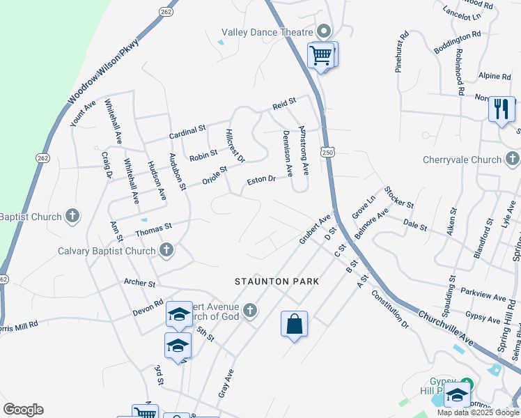 map of restaurants, bars, coffee shops, grocery stores, and more near 2723 Knollwood Drive in Staunton