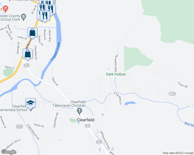 map of restaurants, bars, coffee shops, grocery stores, and more near 50 Rose Road in Clearfield
