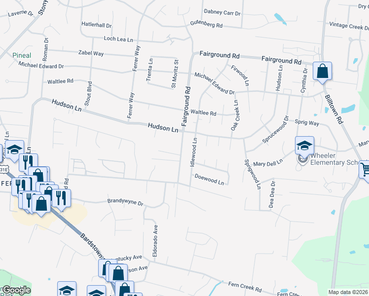 map of restaurants, bars, coffee shops, grocery stores, and more near 9324 Fairground Road in Louisville