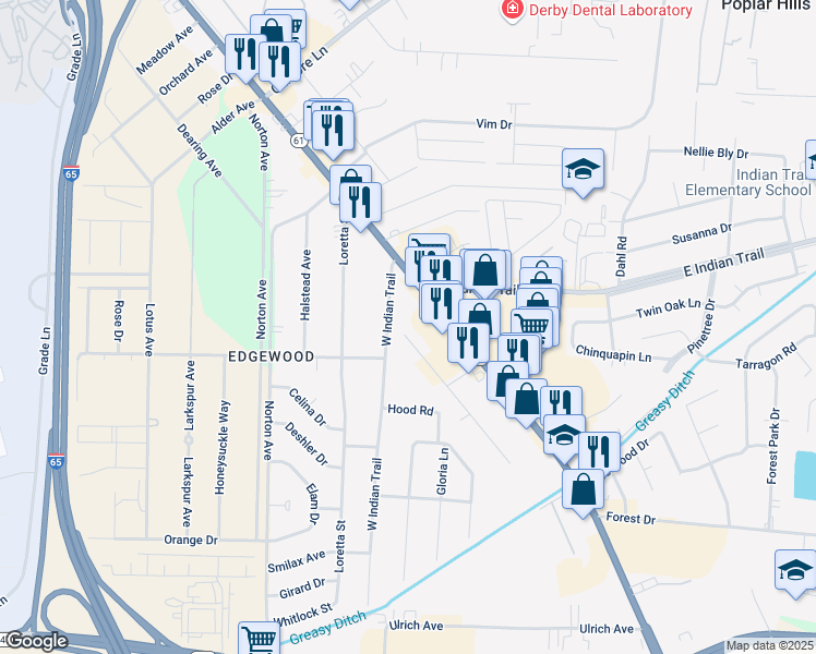 map of restaurants, bars, coffee shops, grocery stores, and more near 4795 Westside Drive in Louisville