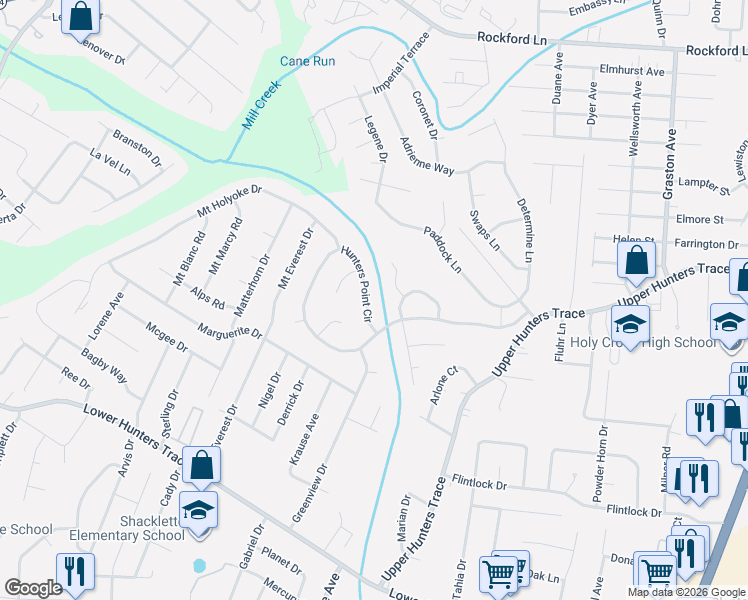 map of restaurants, bars, coffee shops, grocery stores, and more near 5124 Hunters Point Circle in Louisville