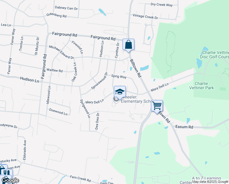 map of restaurants, bars, coffee shops, grocery stores, and more near 9818 Mary Dell Lane in Louisville