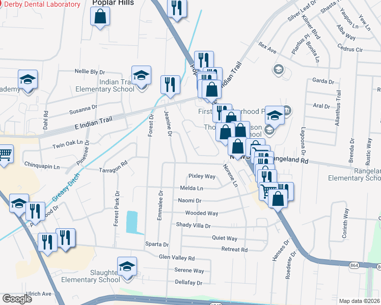 map of restaurants, bars, coffee shops, grocery stores, and more near 5670 Indian Oaks Circle in Louisville
