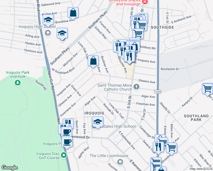 map of restaurants, bars, coffee shops, grocery stores, and more near 502 Inverness Avenue in Louisville