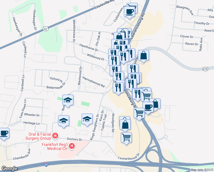 map of restaurants, bars, coffee shops, grocery stores, and more near 440 Harrodsburg Lane in Frankfort