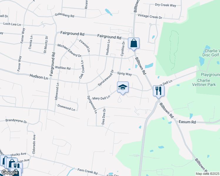 map of restaurants, bars, coffee shops, grocery stores, and more near 5307 Millwood Court in Louisville