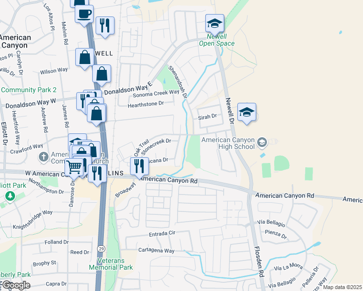 map of restaurants, bars, coffee shops, grocery stores, and more near 42 Sequoia Grove Way in American Canyon