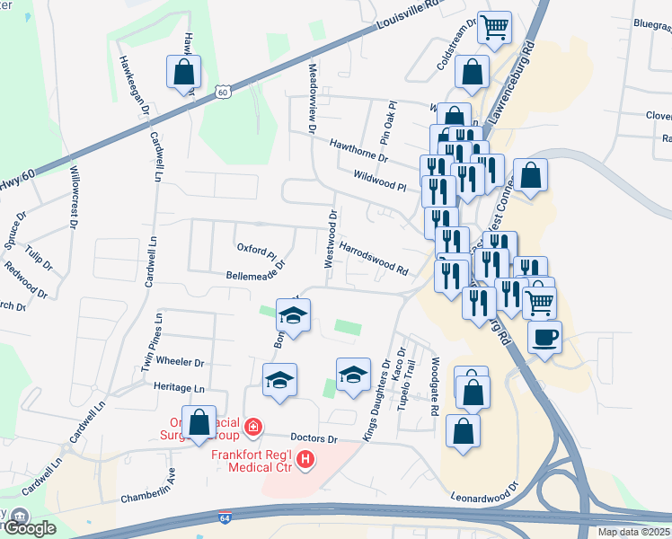 map of restaurants, bars, coffee shops, grocery stores, and more near 4 Westwood Drive in Frankfort