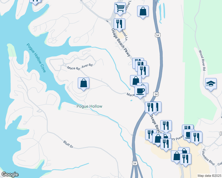 map of restaurants, bars, coffee shops, grocery stores, and more near 1095 Mace Road in Osage Beach