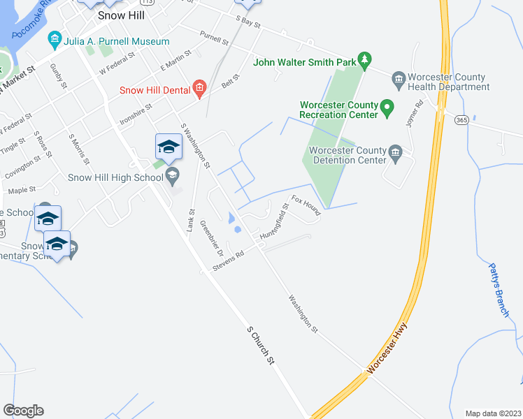 map of restaurants, bars, coffee shops, grocery stores, and more near 266 South Washington Street in Snow Hill