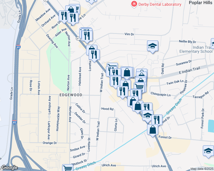 map of restaurants, bars, coffee shops, grocery stores, and more near 4795 Westside Drive in Louisville