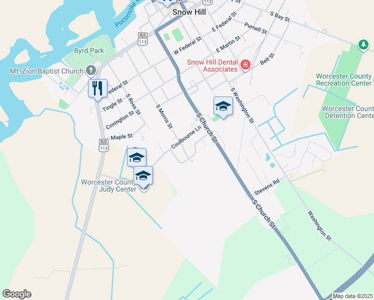 map of restaurants, bars, coffee shops, grocery stores, and more near 403 South Morris Street in Snow Hill
