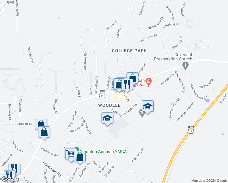 map of restaurants, bars, coffee shops, grocery stores, and more near 2209 North Augusta Street in Staunton