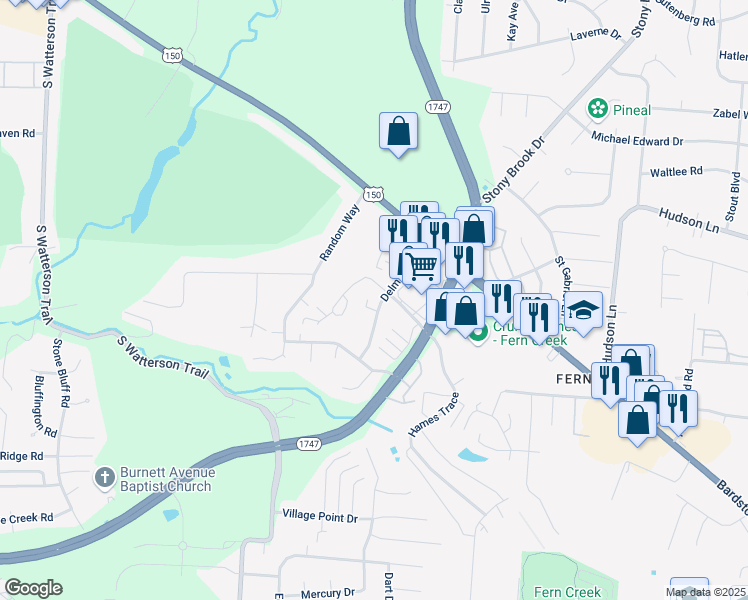 map of restaurants, bars, coffee shops, grocery stores, and more near 5502 Delmaria Way in Louisville