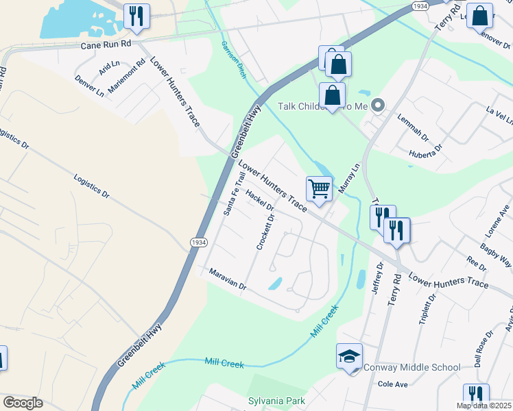 map of restaurants, bars, coffee shops, grocery stores, and more near 6505 Glo Jean Way in Louisville