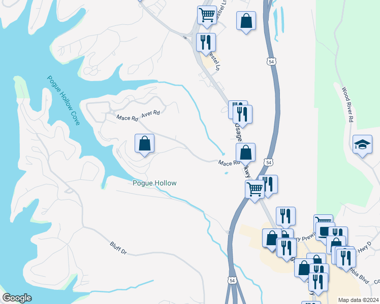 map of restaurants, bars, coffee shops, grocery stores, and more near 1095 Mace Road in Osage Beach