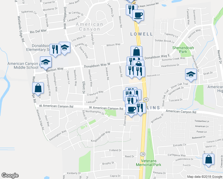 map of restaurants, bars, coffee shops, grocery stores, and more near 25 Andrew Road in American Canyon