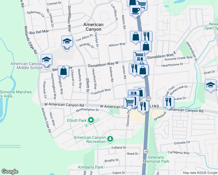 map of restaurants, bars, coffee shops, grocery stores, and more near 97 Crawford Way in American Canyon