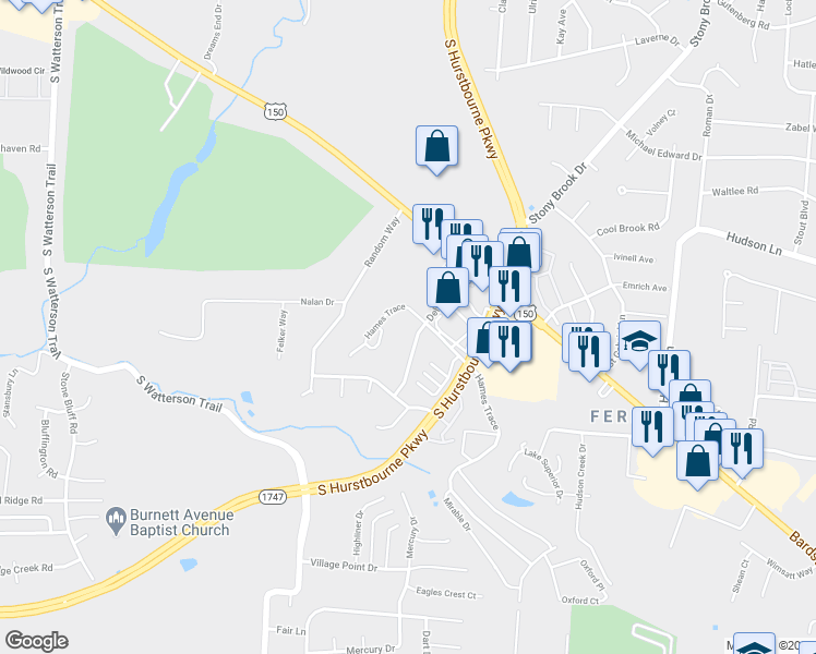 map of restaurants, bars, coffee shops, grocery stores, and more near 4807 Hames Trace in Louisville
