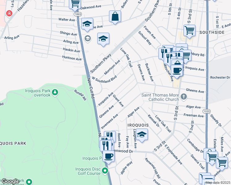 map of restaurants, bars, coffee shops, grocery stores, and more near 724 Iroquois Avenue in Louisville
