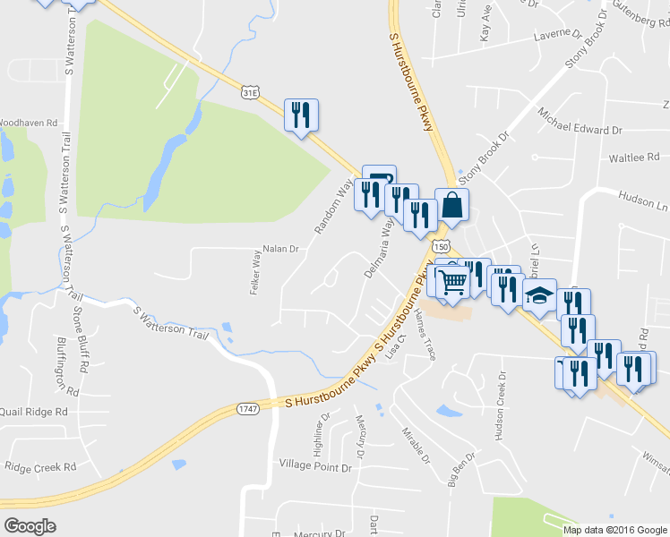 map of restaurants, bars, coffee shops, grocery stores, and more near 4807 Hames Trce in Louisville
